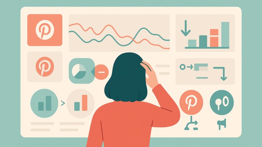 pinterest analytics for outreach campaigns 2 Marketer reviewing challenges in pinterest analytics for outreach campaigns with complex charts and pin icons.