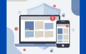 A digital illustration of a laptop and smartphone displaying notification alerts, surrounded by security icons like shields and locks.