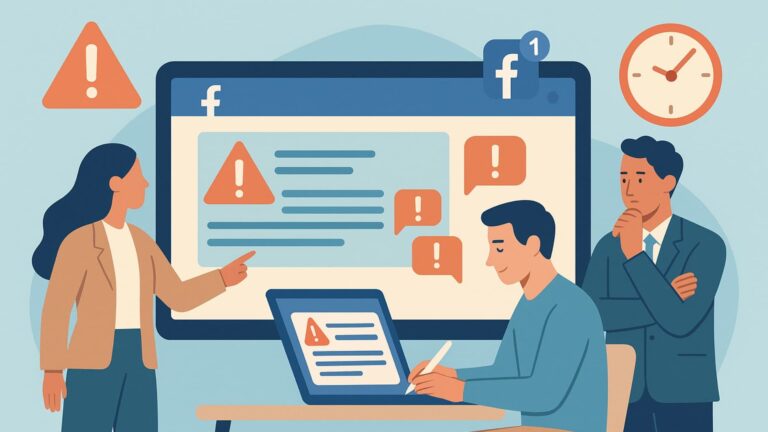 Illustration showing crisis communication via Facebook with a team responding to alerts on a screen.