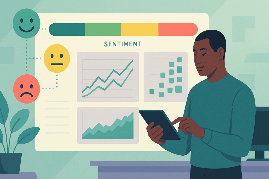 An illustration of a man using a tablet to view a sentiment analysis dashboard featuring green happy, yellow neutral, and red sad face icons alongside trend lines.