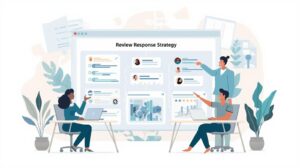 Flat design illustration of a team collaborating in front of a large "Review Response Strategy" digital board.