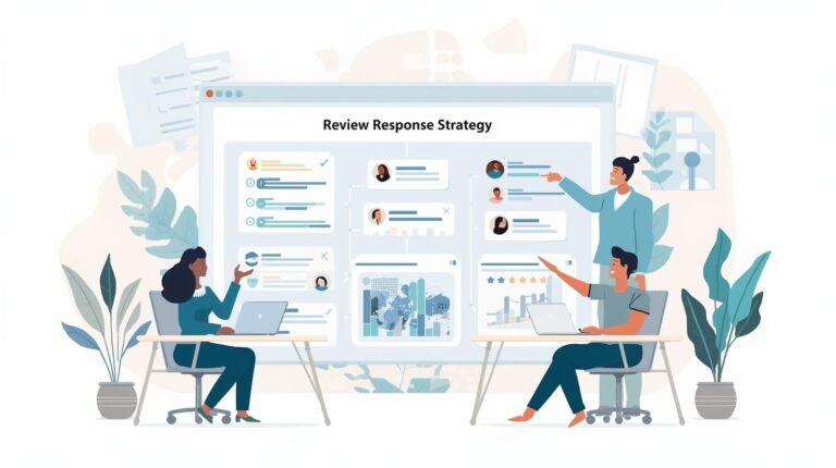 Flat design illustration of a team collaborating in front of a large "Review Response Strategy" digital board.