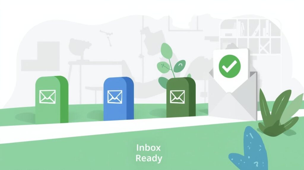 Flat illustration of three colorful mailboxes leading to an open envelope with a green checkmark, titled "Inbox Ready."