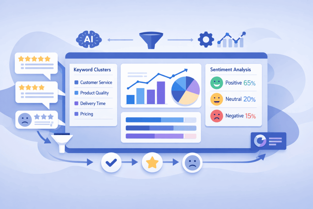 A conceptual 3D illustration of a magnifying glass inspecting star ratings and review bubbles on a laptop screen.