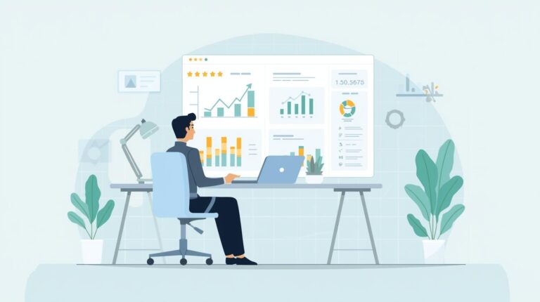 A person sitting at a desk analyzing a large digital dashboard filled with colorful data charts and graphs.