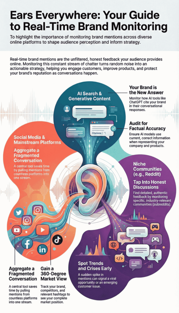 vertical infographic titled "Ears Everywhere: Your Guide to Real-Time Brand Monitoring," illustrating how to track mentions across social media, AI search tools, and niche communities.