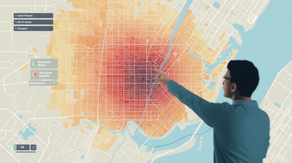 "Person analyzing heat map visualization of city grid on interactive display"