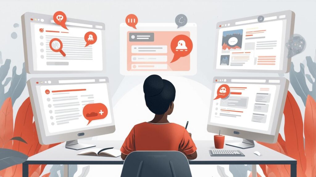 An illustration of a woman sitting at a desk facing multiple floating screens populated with notification bells and message alerts.