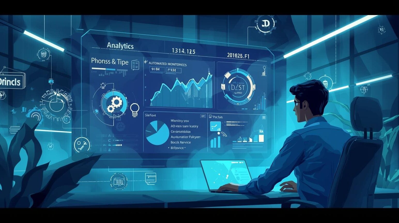 A person using a laptop in a high-tech room with a glowing blue digital analytics dashboard projected in the background.