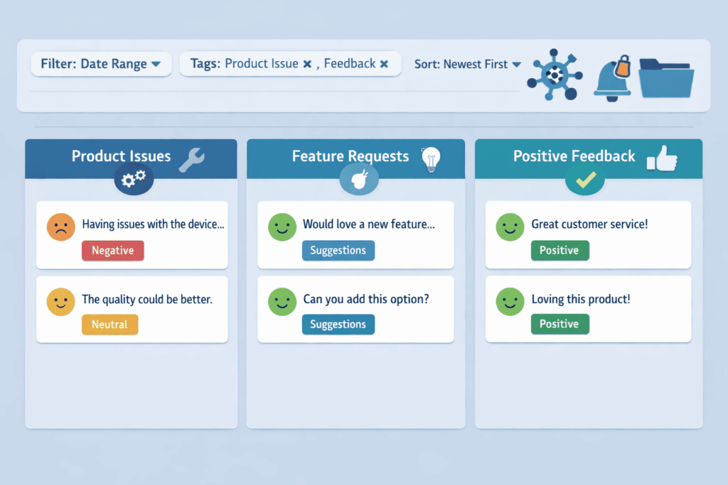 digital dashboard categorizing customer feedback into three columns: Product Issues, Feature Requests, and Positive Feedback.