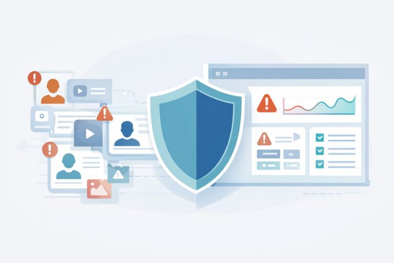 Real-time monitoring illustration showing alerts that prevent influencer brand damage.