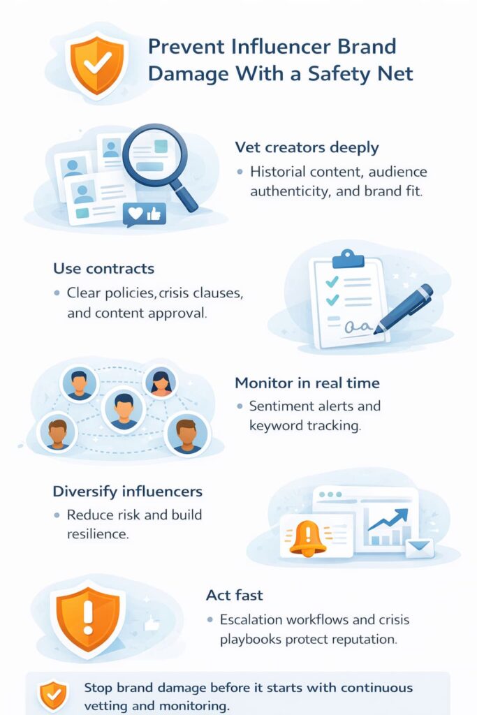 Infographic showing steps to prevent influencer brand damage using vetting, contracts, monitoring, and fast response.