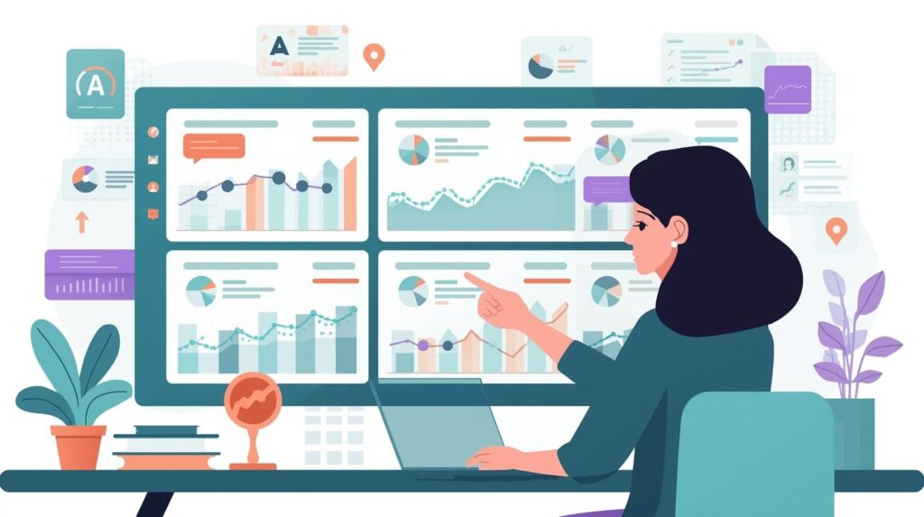 An illustration of a woman pointing at a large monitor displaying multiple data dashboards with colorful charts and graphs.