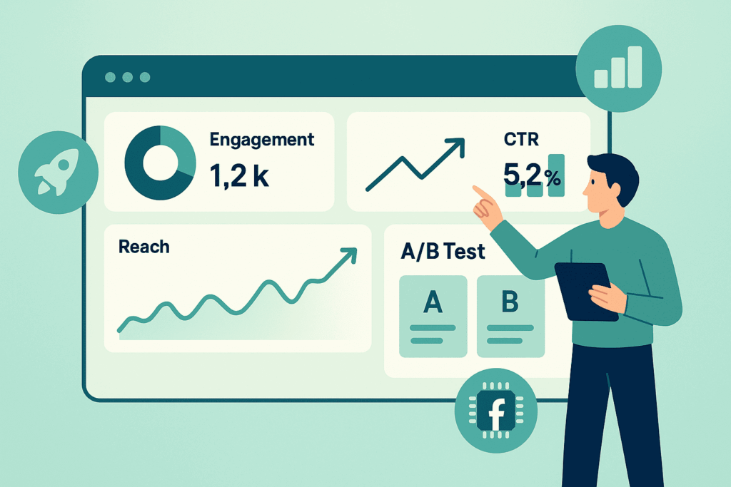 A vector illustration of a man pointing at a digital marketing dashboard displaying charts for engagement, reach, click-through rates, and A/B testing results.