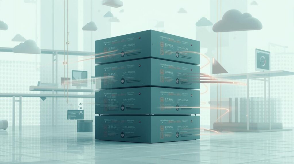 A stack of four teal server blocks with glowing data lines in a futuristic, airy office setting.