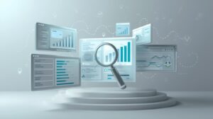 3D illustration of a magnifying glass inspecting floating digital data charts and graphs.