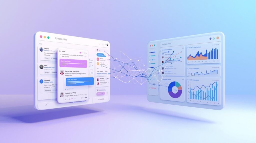 Futurisitic user interface screens displaying analytics and chat data.