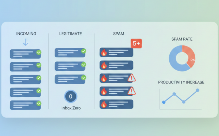 Spam Reporting Dashboard: Incoming, Legitimate, and Spam metrics with Inbox Zero and Productivity Increase visualization.