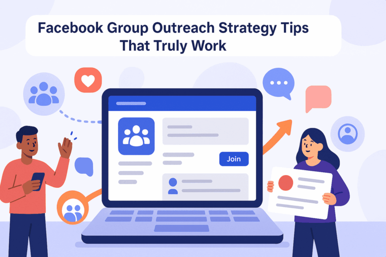 A vector illustration of a man waving and a woman holding a sign standing next to a large laptop screen displaying a group profile with a "Join" button, below the headline "Facebook Group Outreach Strategy Tips That Truly Work".