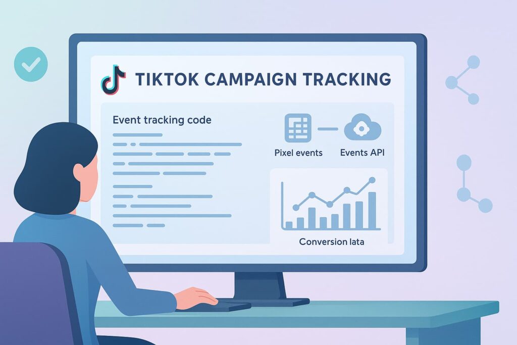 TikTok Ads Manager interface showcasing login and account access, connected with enhanced event tracking analytics capabilities.