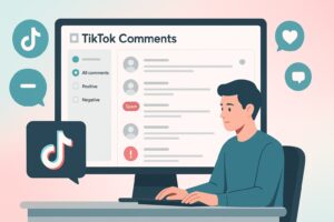 The image depicts a TikTok comment monitoring system, showcasing features like sorting comments by type and detecting spam. The system is operated by a person sitting at a computer.