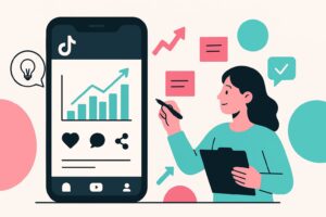 A woman reviewing TikTok analytics on a smartphone, with icons representing social media engagement metrics.