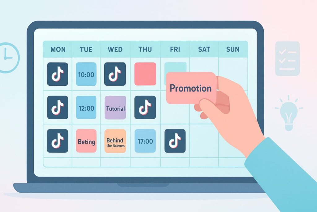A laptop screen displaying a weekly schedule with TikTok content categories and a hand pointing to the "Promotion" section.