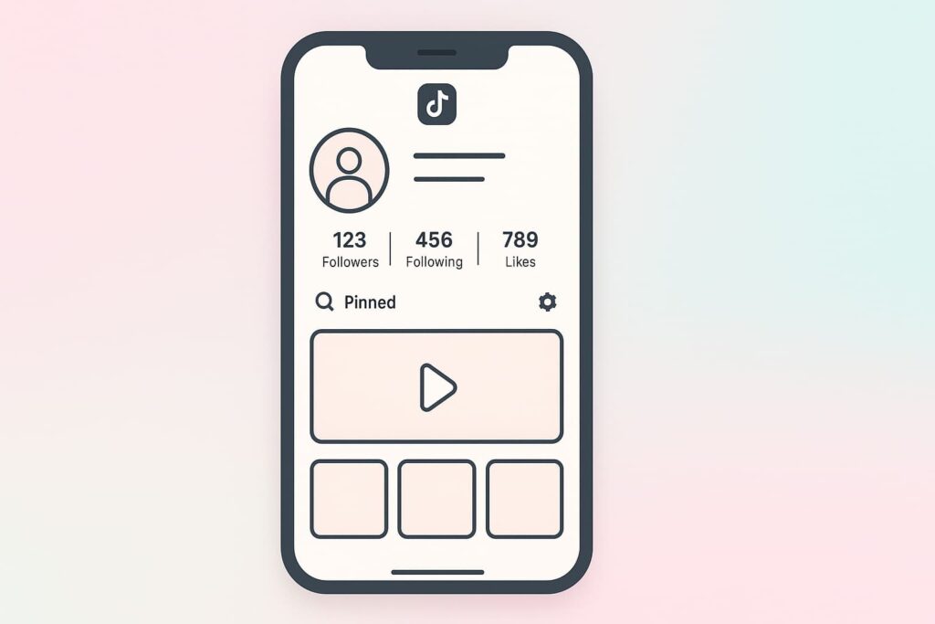 A TikTok mobile app interface displaying follower, following, and likes statistics, as well as a pinned video and three empty content slots.