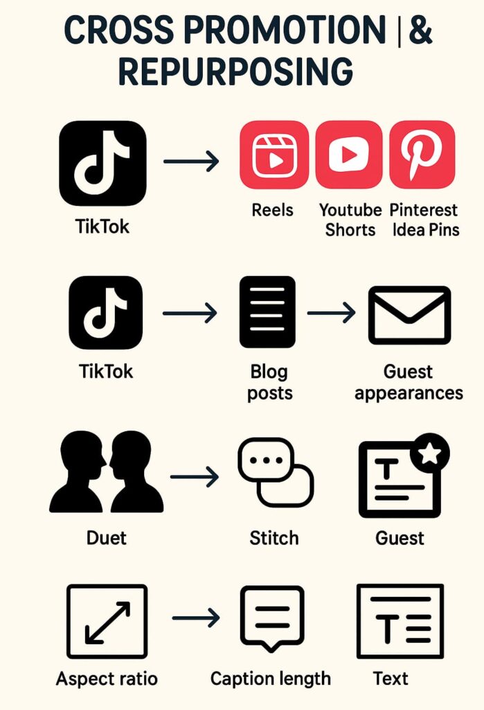 An infographic showing cross-promotion and repurposing strategies for TikTok content, including converting videos into Reels, YouTube Shorts, and Pinterest Idea Pins.