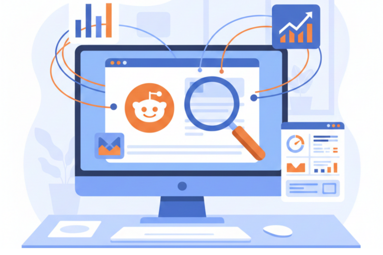 Illustrated desktop setup showcases tools for monitoring Reddit brand mentions, including a Snoo icon, data visualizations, and analytic dashboard elements.