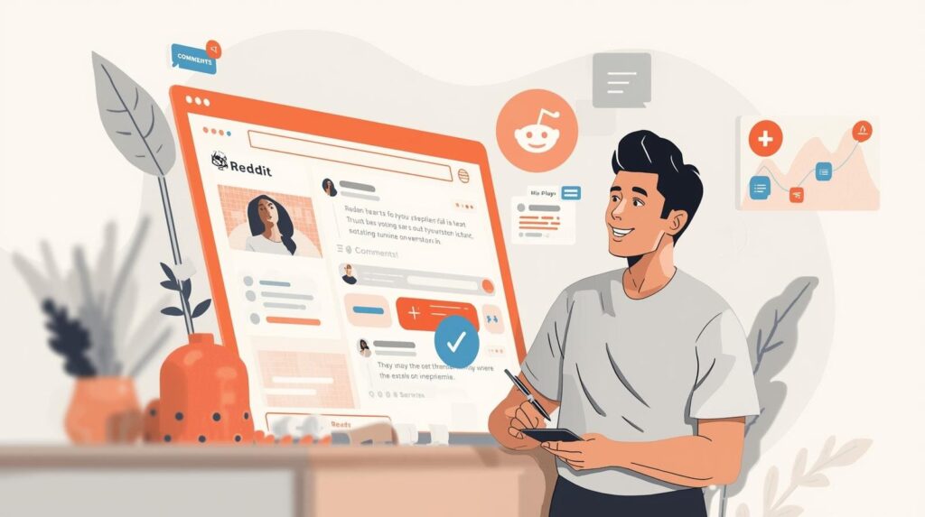 A flat-style illustration of a man standing next to a large, orange Reddit interface, reviewing posts, comments, and upvote statistics.