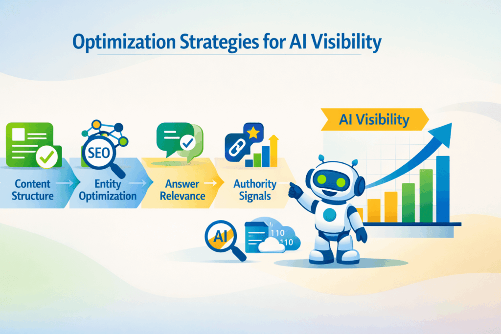 A flowchart graphic titled "Optimization Strategies for AI Visibility" showing steps like Content Structure, Entity Optimization, and Answer Relevance leading to a growth chart.