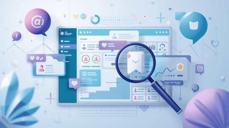 A stylized illustration of a magnifying glass hovering over a social media interface, highlighting icons for likes, comments, and profile statistics.