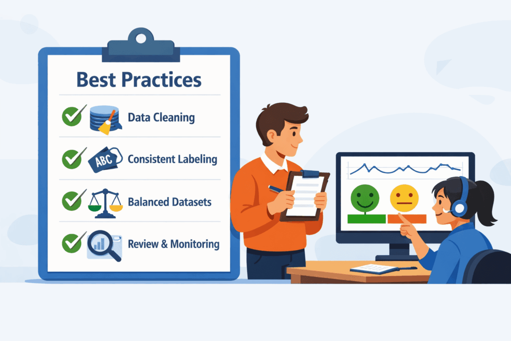 A "Best Practices" checklist for data processing featuring steps like data cleaning, consistent labeling, and balanced datasets.