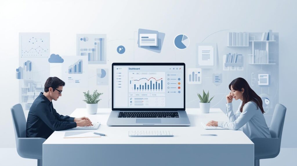 Stylized illustration of two professionals analyzing business metrics on a large digital interface in a clean, blue-toned offic