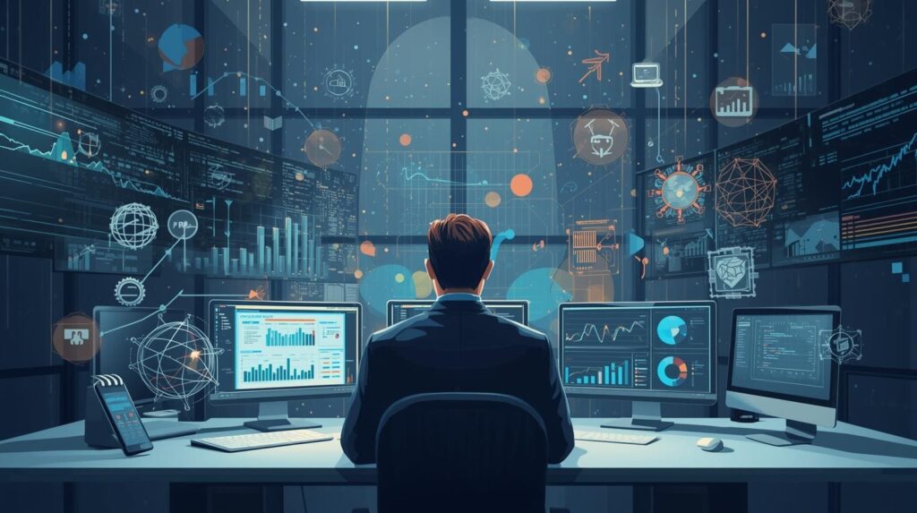 View from behind of a man sitting at a multi-monitor workstation surrounded by floating digital data icons and network graphs.