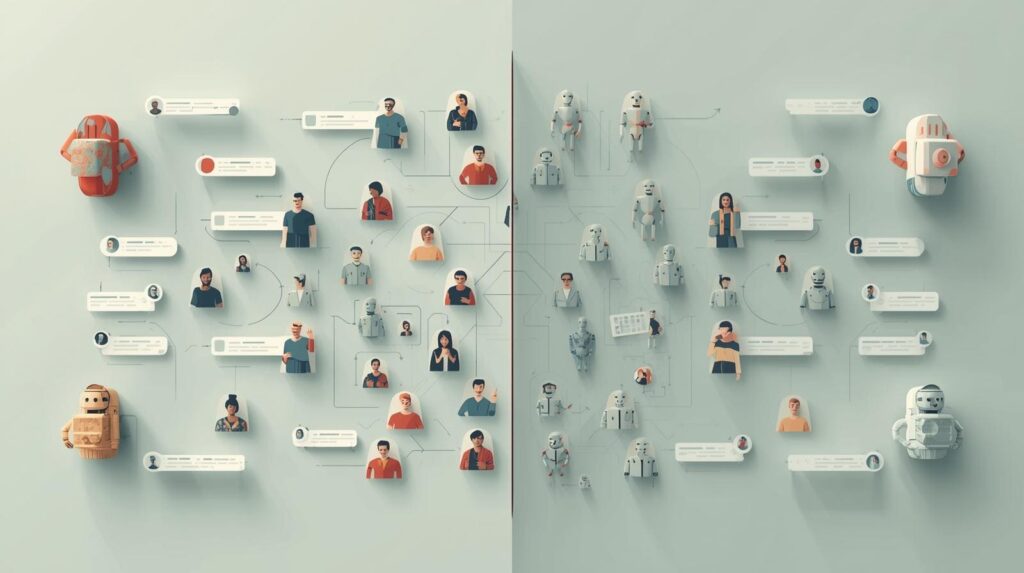 Conceptual art showing the difference between authentic human social connections and automated bot interactions in a digital network.