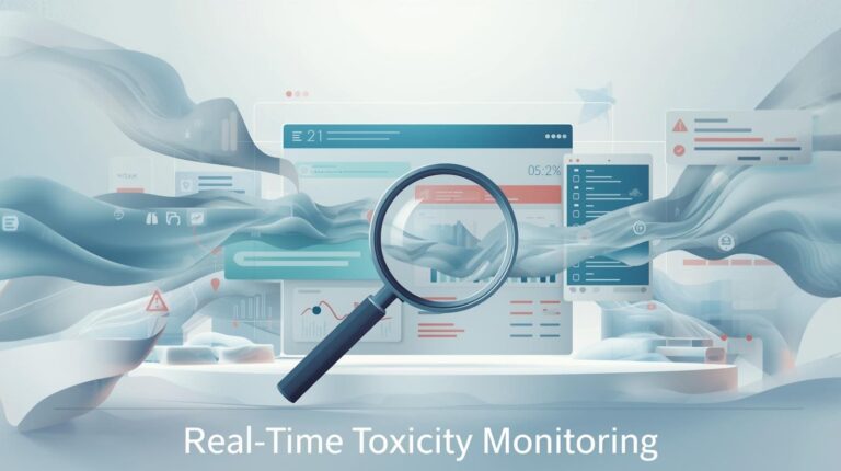 A magnifying glass hovering over a digital dashboard displaying "Real-Time Toxicity Monitoring" text.