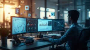 A data analyst working in a modern office with three monitors displaying charts and graphs, surrounded by floating holographic social media icons like Facebook, Twitter, and Instagram.
