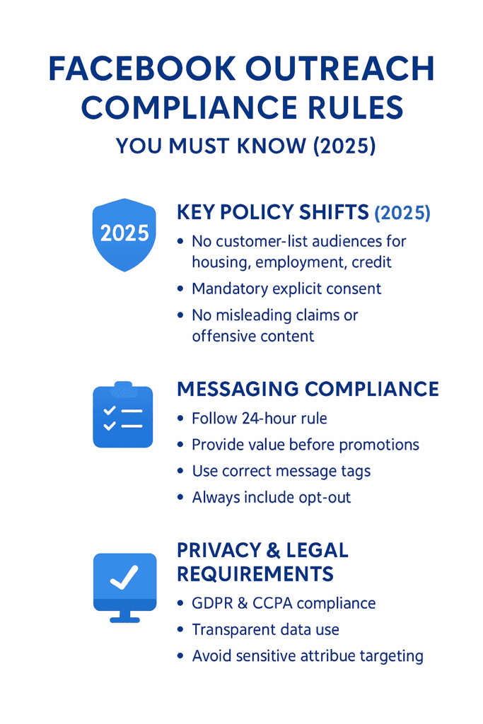 Infographic titled "Facebook Outreach Compliance Rules You Must Know (2025)" listing three categories: Key Policy Shifts, Messaging Compliance, and Privacy & Legal Requirements.
