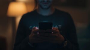 Person holding smartphone receiving AI Context Alerts with context-aware notifications in dimly lit evening environment
