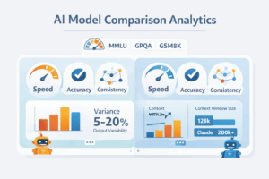 AI Model Comparison Analytics dashboard displaying speed, accuracy, consistency metrics, variance data, and context window sizes