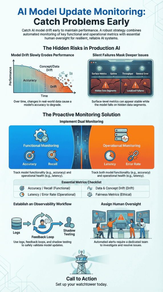 AI model update monitoring dashboard showing performance drift detection, functional metrics, and operational health tracking systems.