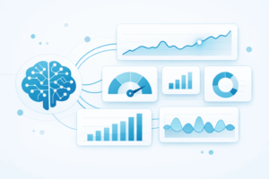 AI model update monitoring visualization with brain icon connected to performance dashboards and analytics charts.