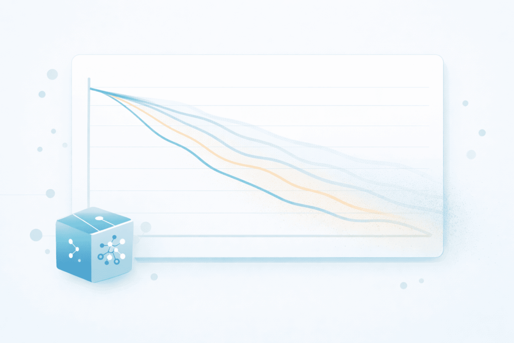 AI model update monitoring chart showing performance decline curves with neural network cube visualization.