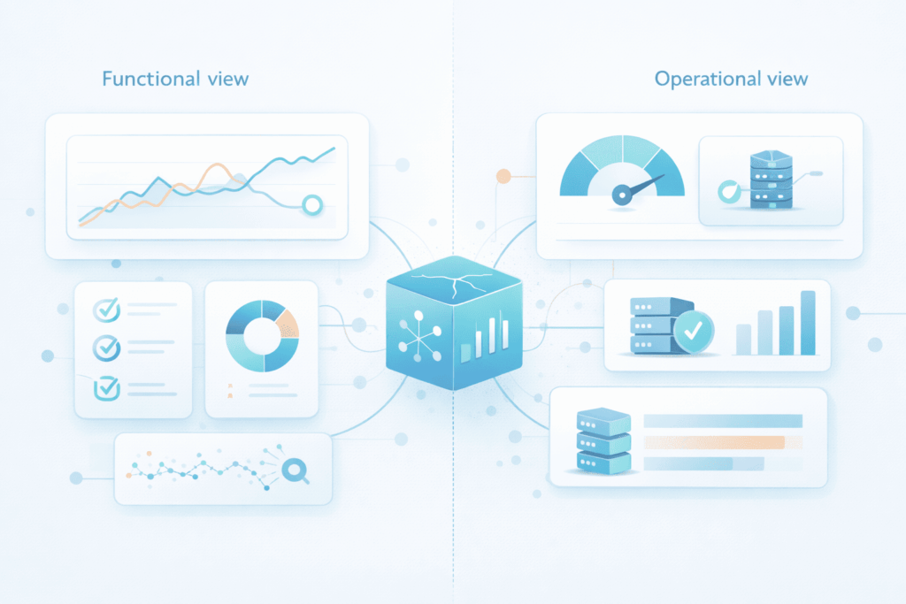 AI model update monitoring diagram showing functional and operational views with performance metrics and analytics.