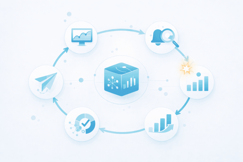 AI model update monitoring workflow cycle with analytics cube, alerts, performance tracking, and validation icons.