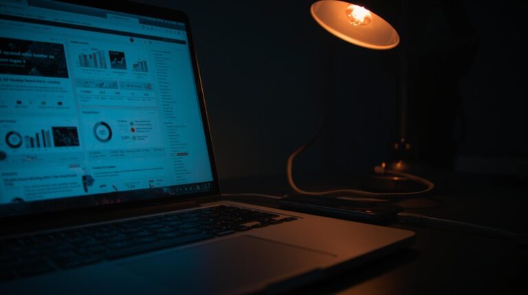 Laptop displaying analytics dashboard for AI Search Crisis Detection monitoring illuminated by desk lamp in dark room setting