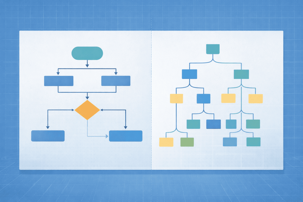 Chatbot prompt visualization comparing a flowchart and decision tree to map AI conversation logic and branching paths