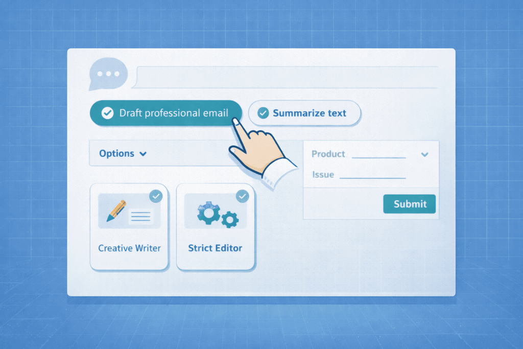 Chatbot prompt visualization showing UI controls like buttons, dropdowns, and cards to guide users and improve chatbot interactions